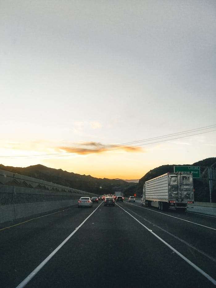 team-02 Traffic flows smoothly on a Los Angeles highway at sunset, showcasing the serene landscape.